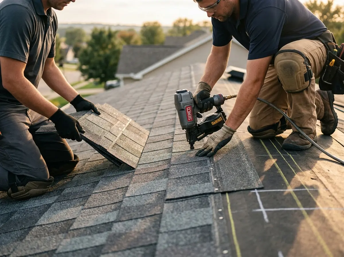 Professional roofer working on a residential roof in Prosser